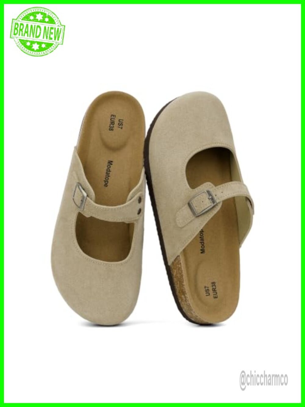 Women's Faux Suede Mary Jane Clogs Cork Footbed Mule Adjustable Buckle
